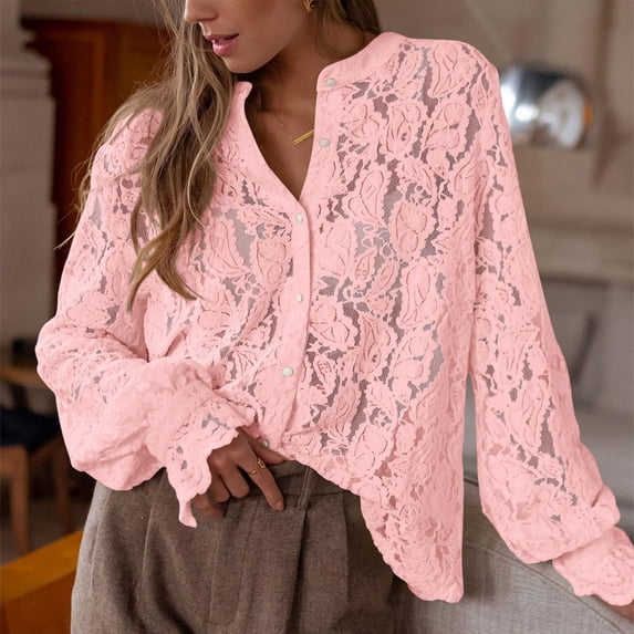 Womens Tops Gsakboxl Women's Fall Fashion Long Sleeve Button Up Blouse Elegant Lace Decorated Casual Shirt for Daily & Party Wear Tops for Women Trendy