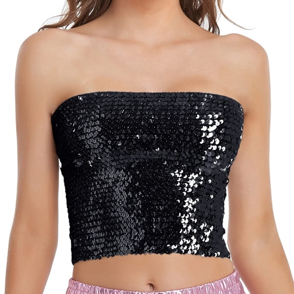 Womens Tops Gsakboxl Women's Stretchy Smocked Sparkling Sequin Tube Top Fashion Mardi Gras Holiday Party Clubwear Sleeveless Tank Top Black A