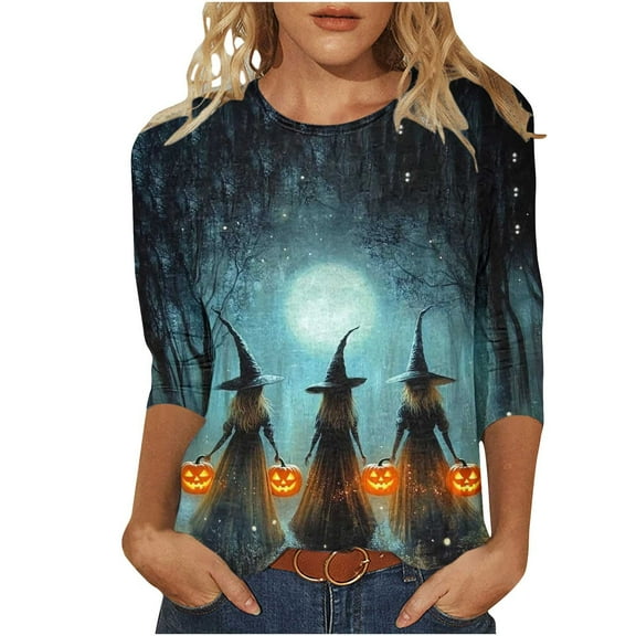 Womens Tops Halloween 3/4 Length Sleeve Shirts Fashion Halloween Printed Plus Size Tunic Tops Blouses Fall Casual Round Neck Pullover Halloween Holiday Costume TShirt