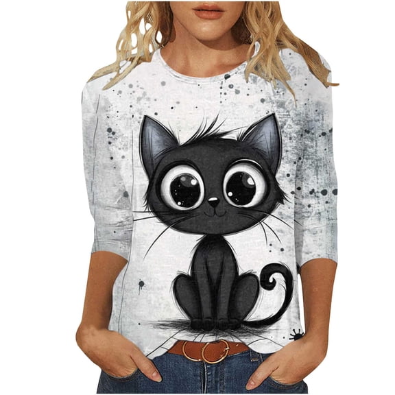 Womens Tops Halloween 3/4 Length Sleeve Shirts Fashion Halloween Printed Plus Size Tunic Tops Blouses Fall Casual Round Neck Pullover Halloween Holiday Costume TShirt
