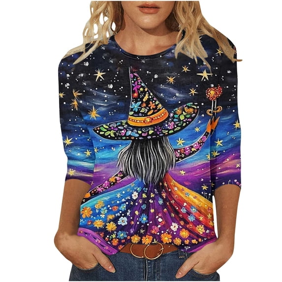 Womens Tops Halloween 3/4 Length Sleeve Shirts Fashion Halloween Printed Plus Size Tunic Tops Blouses Fall Casual Round Neck Pullover Halloween Holiday Costume TShirt
