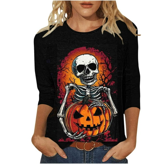 Womens Tops Halloween 3/4 Length Sleeve Shirts Fashion Halloween Printed Plus Size Tunic Tops Blouses Fall Casual Round Neck Pullover Halloween Holiday Costume TShirt