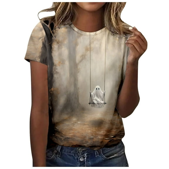 Womens Tops Halloween Print Short Sleeved Crew Neck T Shirt Top Fashion Oversized Tshirts for Women Khaki XXL