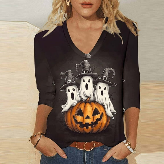 Womens Tops Halloween Printed 3/4 Sleeve V-Neck Tops Blouse,Tops for Women Multicolor