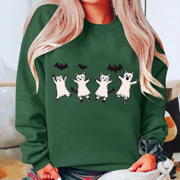Womens Tops Halloween Printed Long Sleeved Hoodie Round Neck Loose Sweatshirts 1-Army Green XL