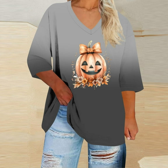 Womens Tops Halloween Printed V-neck 3/4 Sleeve T-shirt Plus Loose Top,Tops for Women Black