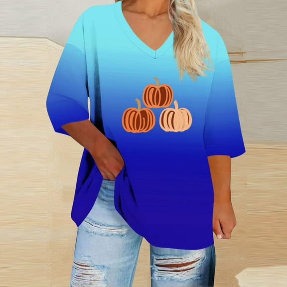Womens Tops Halloween Printed V-neck 3/4 Sleeve T-shirt Plus Loose Top,Tops for Women Blue