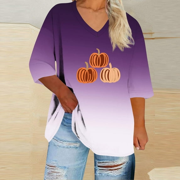 Womens Tops Halloween Printed V-neck 3/4 Sleeve T-shirt Plus Loose Top,Tops for Women Purple