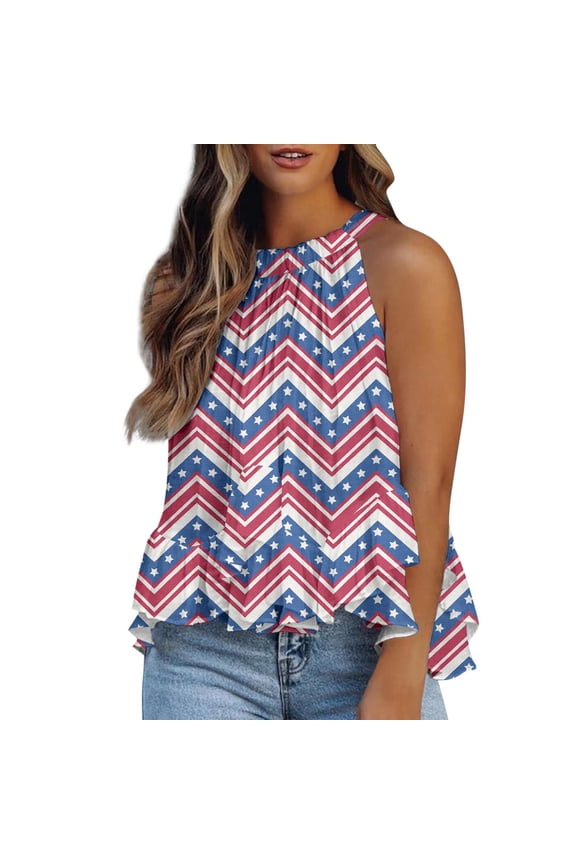 Womens Tops Halter Shirt Elegant Fourth of July Print Sleeveless Tank Ruffle Tail Blouses Summer Flowy Tunic