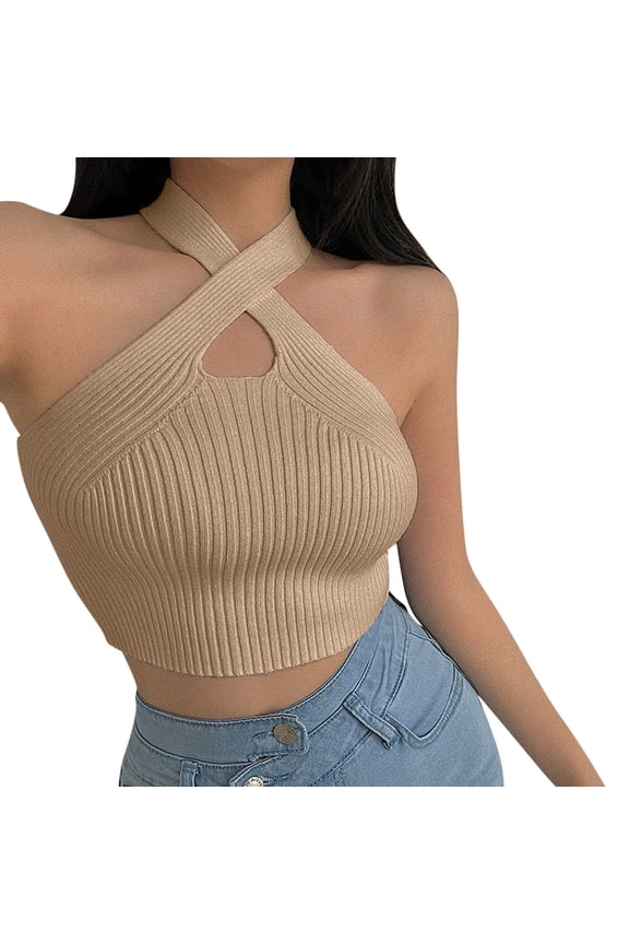 Womens Tops Halter Strappy Knitted Off Shoulder Crop Top Sleeveless Padded Casual Basic Tank Top One Size Size Tank Tops for Women