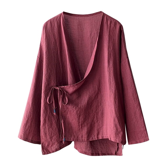 Womens Tops Hanten Kimono Cardigan Long Sleeve Wrap Front Cotton Linen Retro Costume Irregular Shirt Tops Blouses For Women