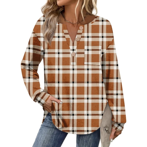 Womens Tops Henley Button Sweatshirt for Women Pullover Long SLeeve Plaid Shirts Fall Outfits 2025 Loose Fit Ginger M