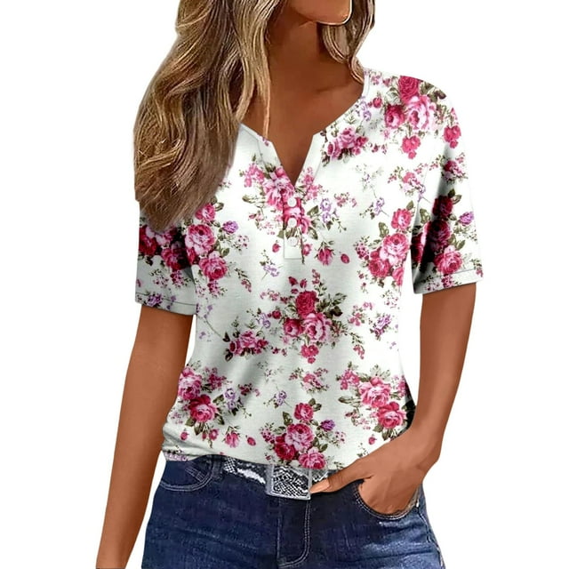 Womens Tops Henley Neck Buttons Sexy Shirts Short Sleeve Dressy Blouses ...