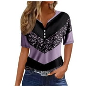 Womens Tops Henley Neck Buttons Sexy Shirts Short Sleeve Dressy Blouses Geometric Print Sweatshirts Clothes