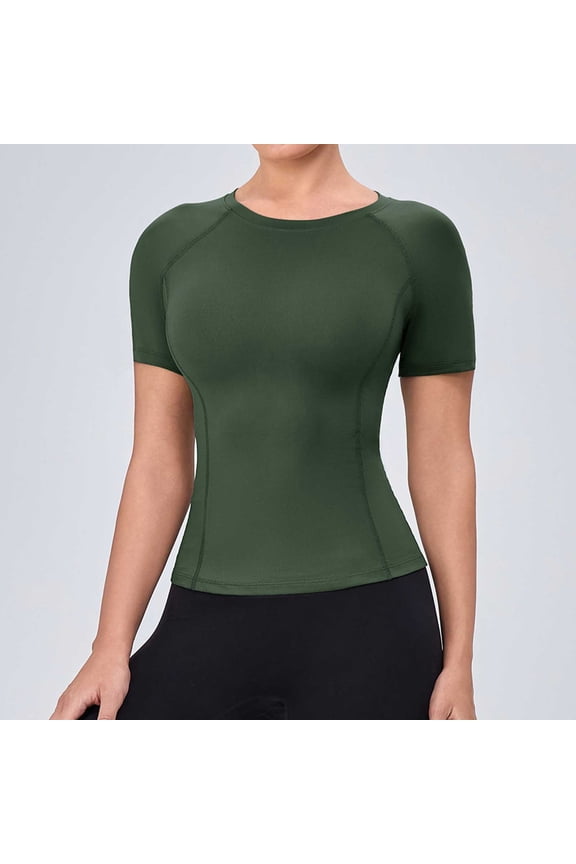 Womens Tops High-Elastic Short Sleeve Round-Neck Solid-Color Casual Yoga Sports Running Raglan Sleeve T-shirt Army Green M