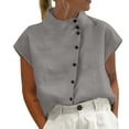 thumbnail image 1 of Womens Tops High Neck Cap Sleeve Cotton Linen Casual Blouse Spring Summer Shirts for Women Gray M, 1 of 5