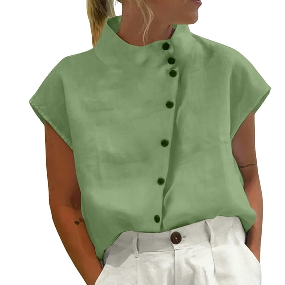 Womens Tops High Neck Cap Sleeve Cotton Linen Casual Blouse Spring Summer Shirts for Women Green Xl