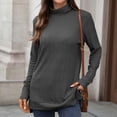 thumbnail image 1 of Womens Tops High Neck Loose Long Sleeved Knitted Solid Color Slit T-shirt Long Top,Tops for Women Dark Gray M, 1 of 6