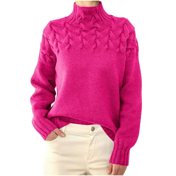 Womens Tops High Neck Winter Cable Weaving Details Long Sleeve Sweater,Blouse for Women Hot Pink L