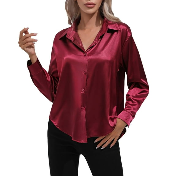 Womens Tops Imitation Satin Silk Long Sleeved Button Down Blouse Shirts for Women