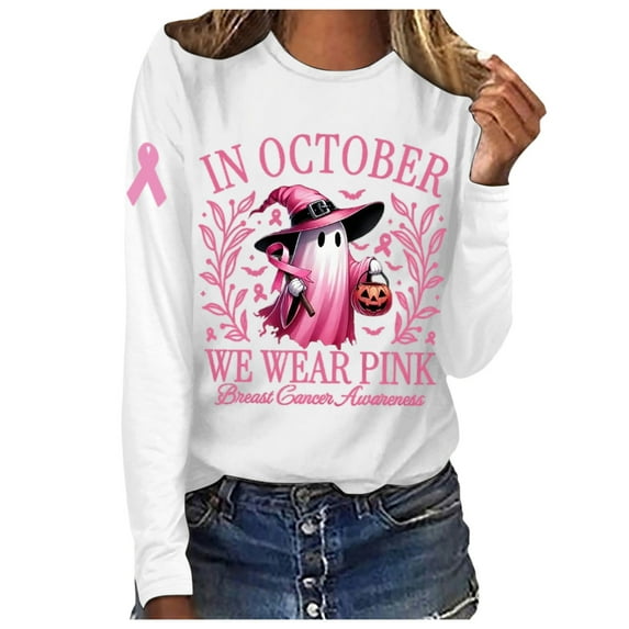 Womens Tops In October We Wear Cancer Awareness Long Sleeve WomensâSummer Clothes,White,XL