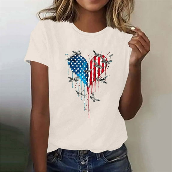 Womens Tops Independence Day Printed Short Sleeved Round Neck Casual T-shirt Beige S