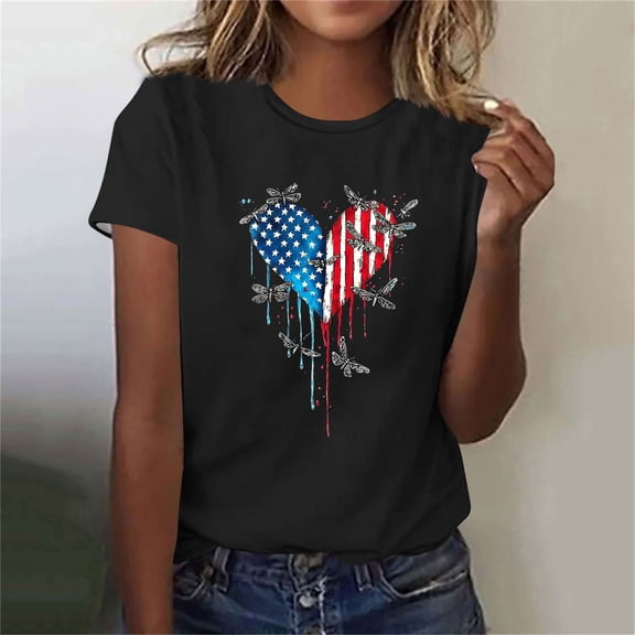 Womens Tops Independence Day Printed Short Sleeved Round Neck Casual T-shirt Black S