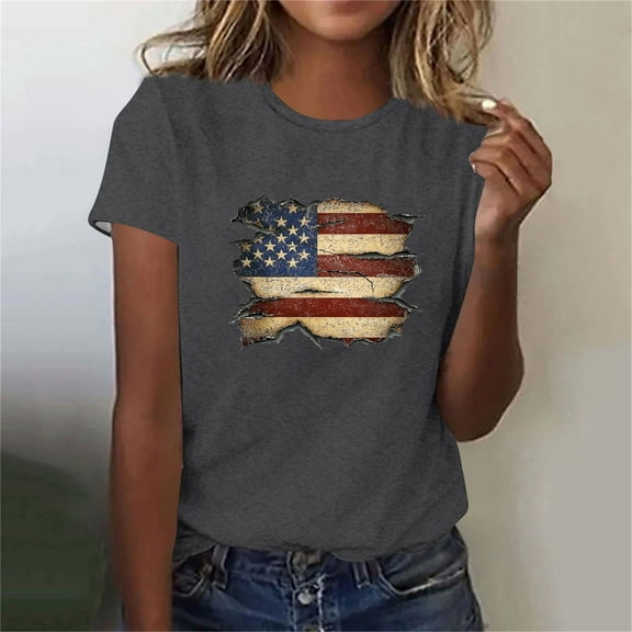 Womens Tops Independence Day Printed Short Sleeved Round Neck Casual T-shirt Dark Gray S