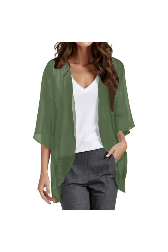 Womens Tops Kimono Leopard Cardigan plus Size Fitted Long Cardigan Sweater Womens plus Size Sweater Duster for Women Solid Elegant Puff Sleeve Chiffon Loose Cover Up Casual Blouse Tops Green 3XL