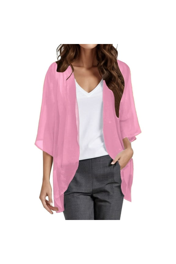 Womens Tops Kimono Leopard Cardigan plus Size Fitted Long Cardigan Sweater Womens plus Size Sweater Duster for Women Solid Elegant Puff Sleeve Chiffon Loose Cover Up Casual Blouse Tops Pink 3XL