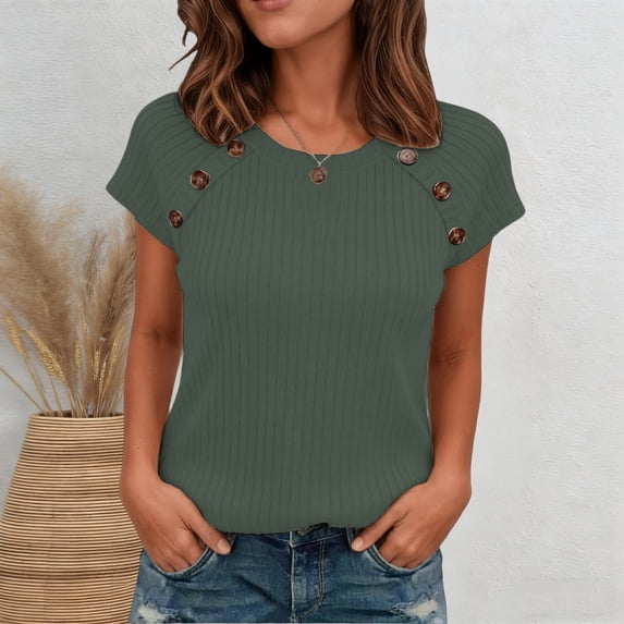 Womens Tops Knitted Short Sleeve T-Shirt Crew Neck Ribbed Tee Dressy Work Tunic Tops (Green M)