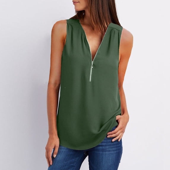 Womens Tops, LOVE DOCK 2022 Summer Chiffon Tank Tops Women Tunic Zipper V Neck Vest Tops Sexy Sleeveless Loose Vests Ladies Shirt Tops