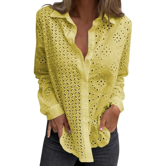 Womens Tops Lace Embroidery Long Sleeve Blouse Hollow Embroidered Button Up Shirt Classic Lapel Collar Soft Cotton Fabric 4Xl Sweaters For Women