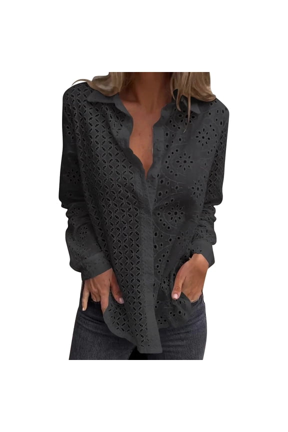 Womens Tops Lace Embroidery Long Sleeve Blouse Hollow Embroidered Button Up Shirt Classic Lapel Collar Soft Cotton Fabric M Sweaters For Women