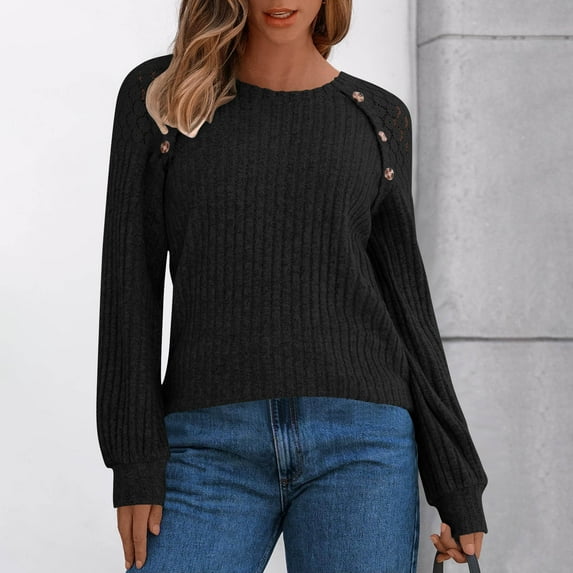 Womens Tops Lace Long Sleeved Round-Neck Solid Color Patchwork T-Shirt Pullover Blouse Black S,Blouse for Women