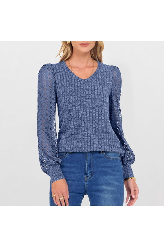 Womens Tops Lace Long Sleeved Round-Neck Solid Color Patchwork T-Shirt Pullover Blouse Blue S,Blouse for Women