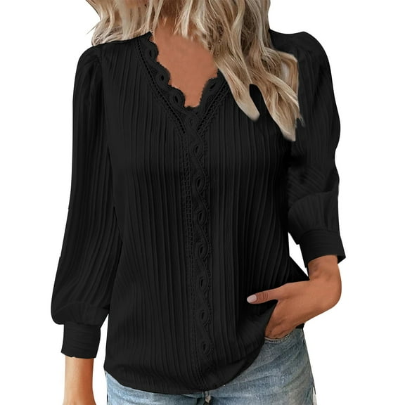 Womens Tops Lace Patchwork V Neck Long Sleeve Blouses Loose Casual T Shirts Polyester-Cotton Blend Soft Stretchy Elegant Cute Style 4Xl Sweaters For Women