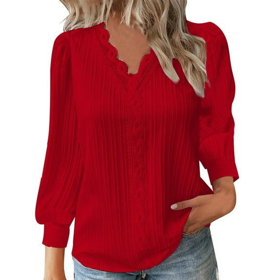Womens Tops Lace Patchwork V Neck Long Sleeve Blouses Loose Casual T Shirts Polyester-Cotton Blend Soft Stretchy Elegant Cute Style 4Xl Sweaters For Women