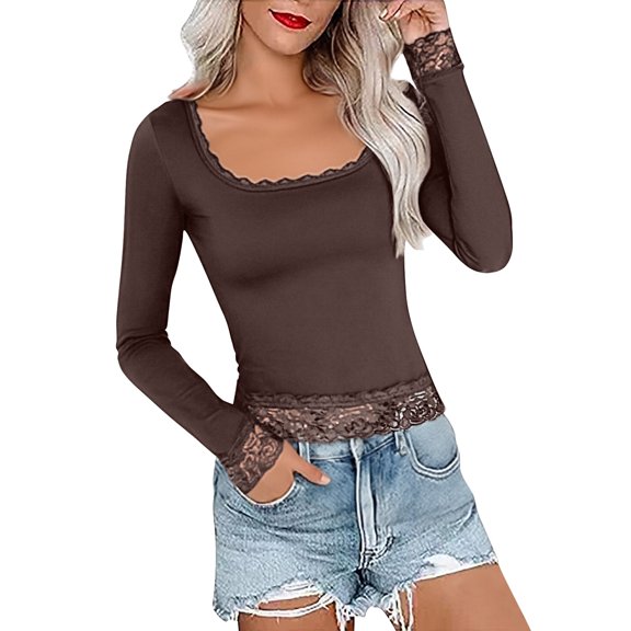 Womens Tops Lace Trim Open Collar Long Sleeve Slim Basic Trendy Tops