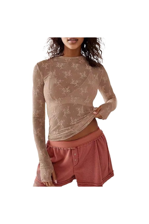Womens Tops Lace Undershirt Lace Long Sleeve Tops For Women Womens Mesh Top Thumb Hole See Through Pullover Blouses