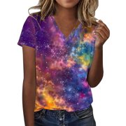 Womens Tops Ladies 3D Glitter Printed Star Carnival V-Neck Short Sleeve T Shirt Trendy