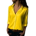 thumbnail image 1 of Womens Tops Ladies Fashion Lapel Button Solid Color Chiffon Open Collar Long Sleeve Shirt Womens Summer Tops oversized tshirts for women blouses for women dressy casual Yellow Chiffon 4XL, 1 of 5