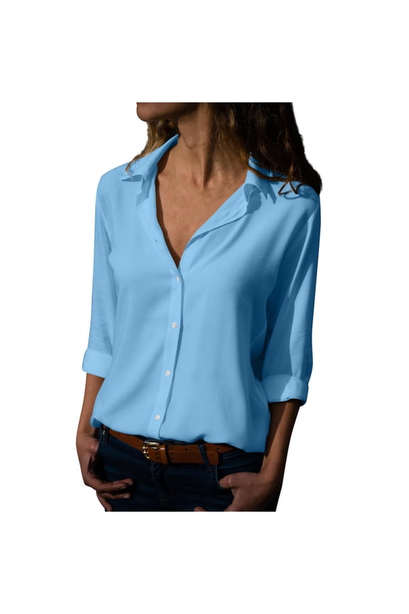 Womens Tops Ladies Fashion Lapel Button Solid Color Chiffon Open Collar Long Sleeve Shirt Womens Summer Tops oversized tshirts for women blouses for women dressy casual Blue Chiffon M