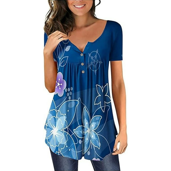 Womens Tops Ladies' Fashionable and Casual Spring and Summer Round Neck Printed Loose Short Sleeved T Shirt Top Shirts for Women