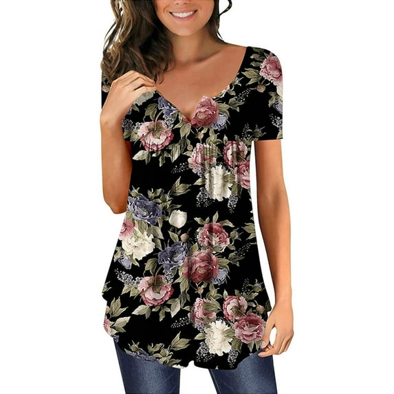 Womens Tops Ladies' Fashionable and Casual Spring and Summer Round Neck Printed Loose Short Sleeved T Shirt Top Shirts for Women