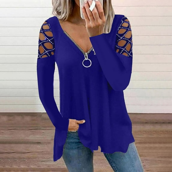 Womens Tops Lady's Tops V Neck Hollow Sleeve Rhinestone Solid Blouse Tunic T-Shirt Womens Tops Dressy Casual
