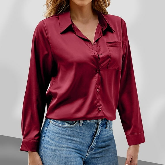 Womens Tops Lapel Long Sleeve Top Satin Button Pocket Solid Color Loose Shirt Blouse for Women Wine S
