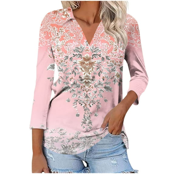 Womens Tops Lapel Printed 3/4 Sleeve T-shirt V-Neck Casual Loose Blouse Top Pink M,Tops for Women