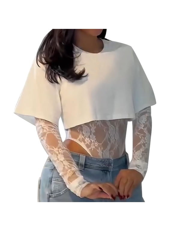 Womens Tops Layered Sheer Pattern Sleeve Round Neck Crop Top with Short Overlay Long Sleeve Shirts for Women