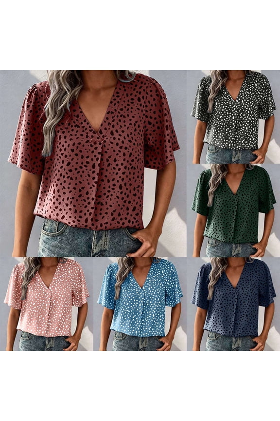 Womens Tops Leopard Print Collar V Neck Button Down Womens Blouse,Pink,S